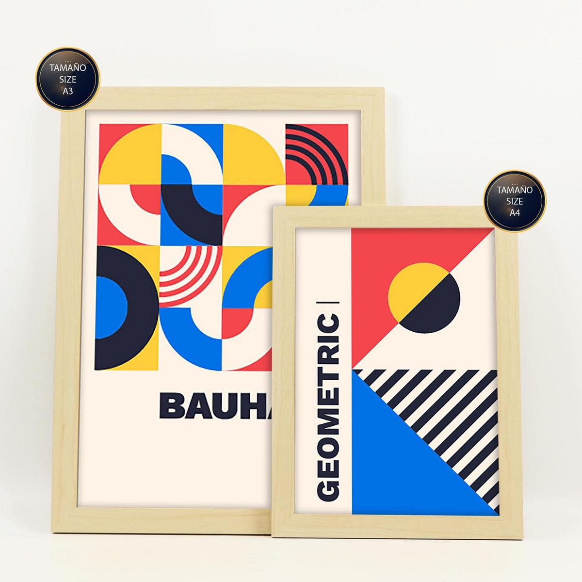 POSTER Set Mit 6 Drucken Im Bauhaus 4 Geometrische Designkollektion Drucke Mit Ästhetische Dekorative Für Zuhause A3 & A4 Rahmen Aus Hellem Holz - Beige, Papier (29/3cm) - Nacnic