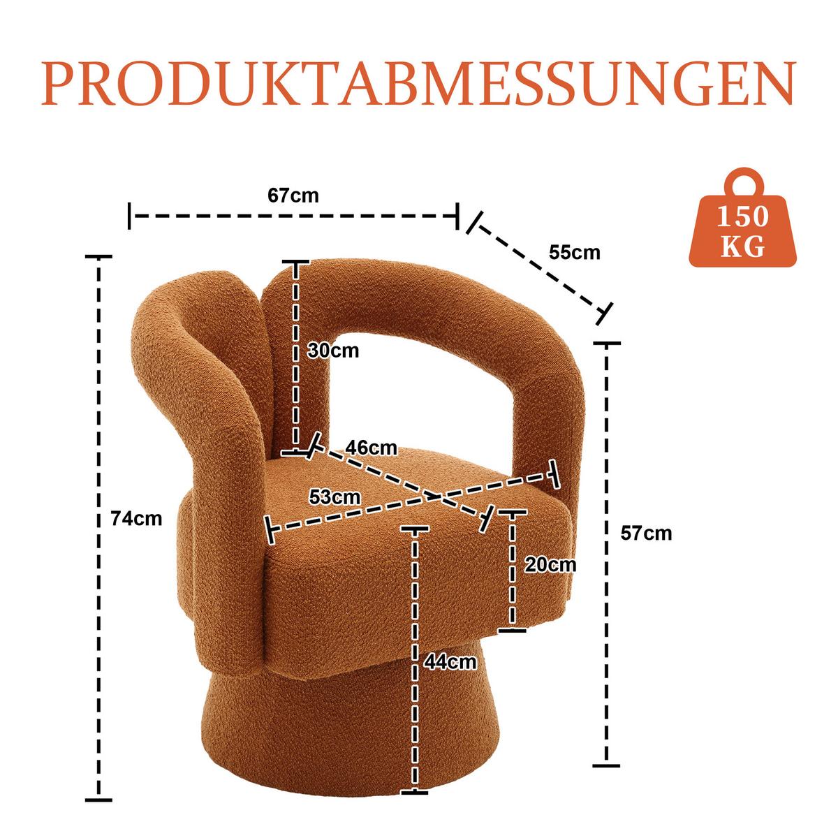 DREHSESSEL 360° Boucle Akzentstuhl Polstersessel für Wohnzimmer & Büro - Orange, Textil (67/74/55cm) - Urban Meuble