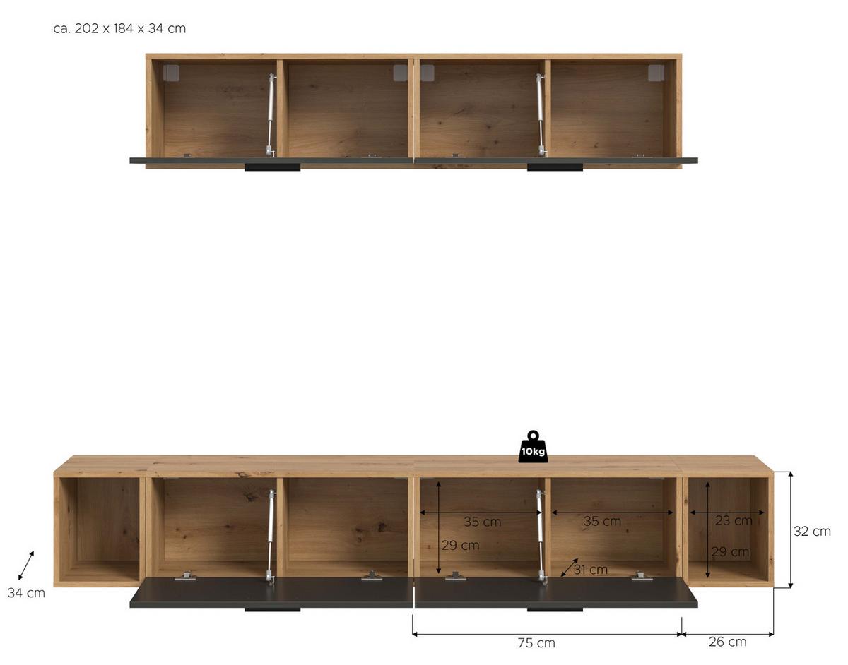 WOHNWAND grau, Eiche Artisan 202 cm, Schrankwand mit Soft-Close - Schwarz/Eiche Artisan, Holzwerkstoff/Kunststoff (202/184/34cm) - Inn.Furn