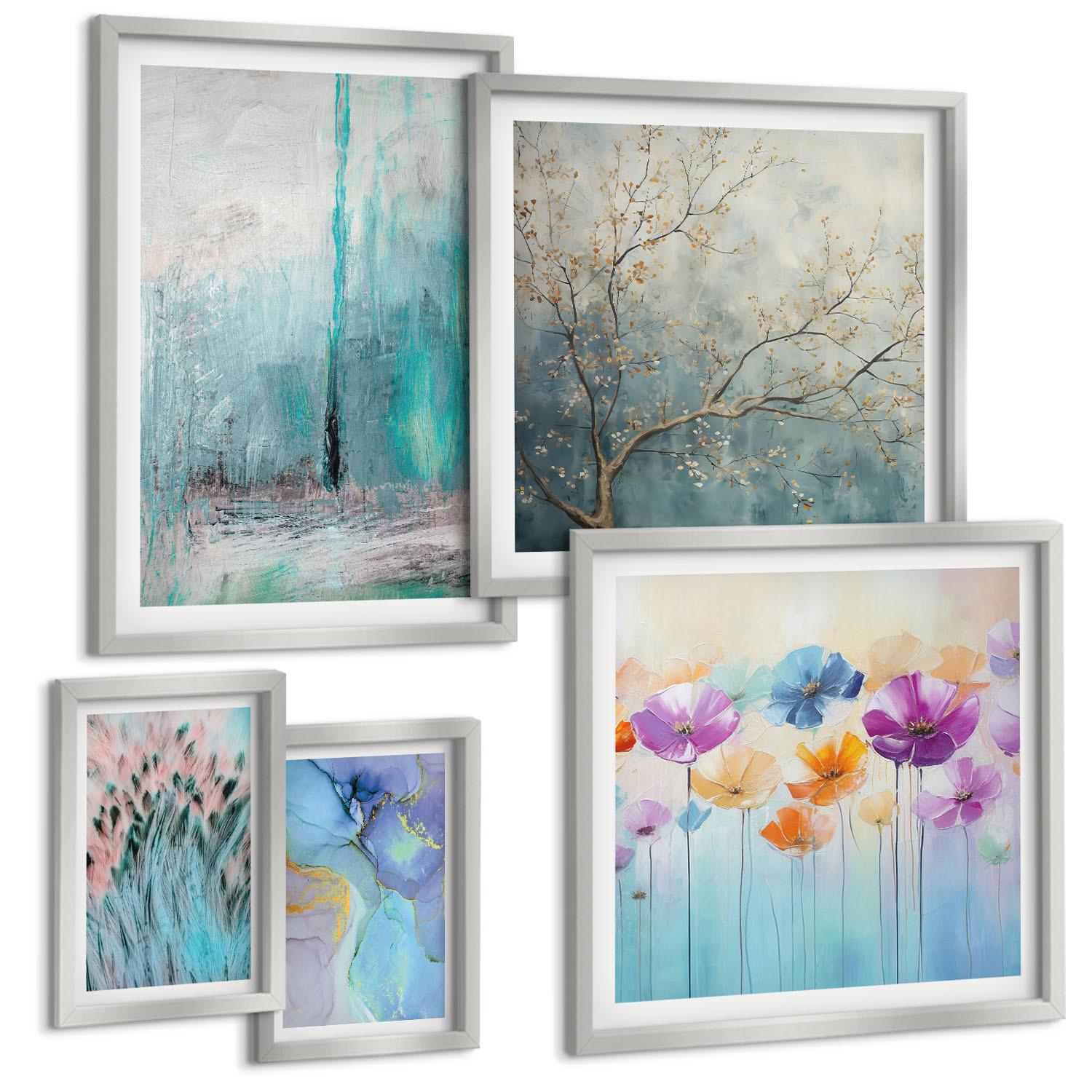 BILDER SET 5er Set - 50x50 cm & 20x30 cm & 40x60 cm Silberner Rahmen - Leuchtturm, Landschaft, Mädchen, Pferd - Silberfarben, Kunststoff (40/60cm) - TULUP