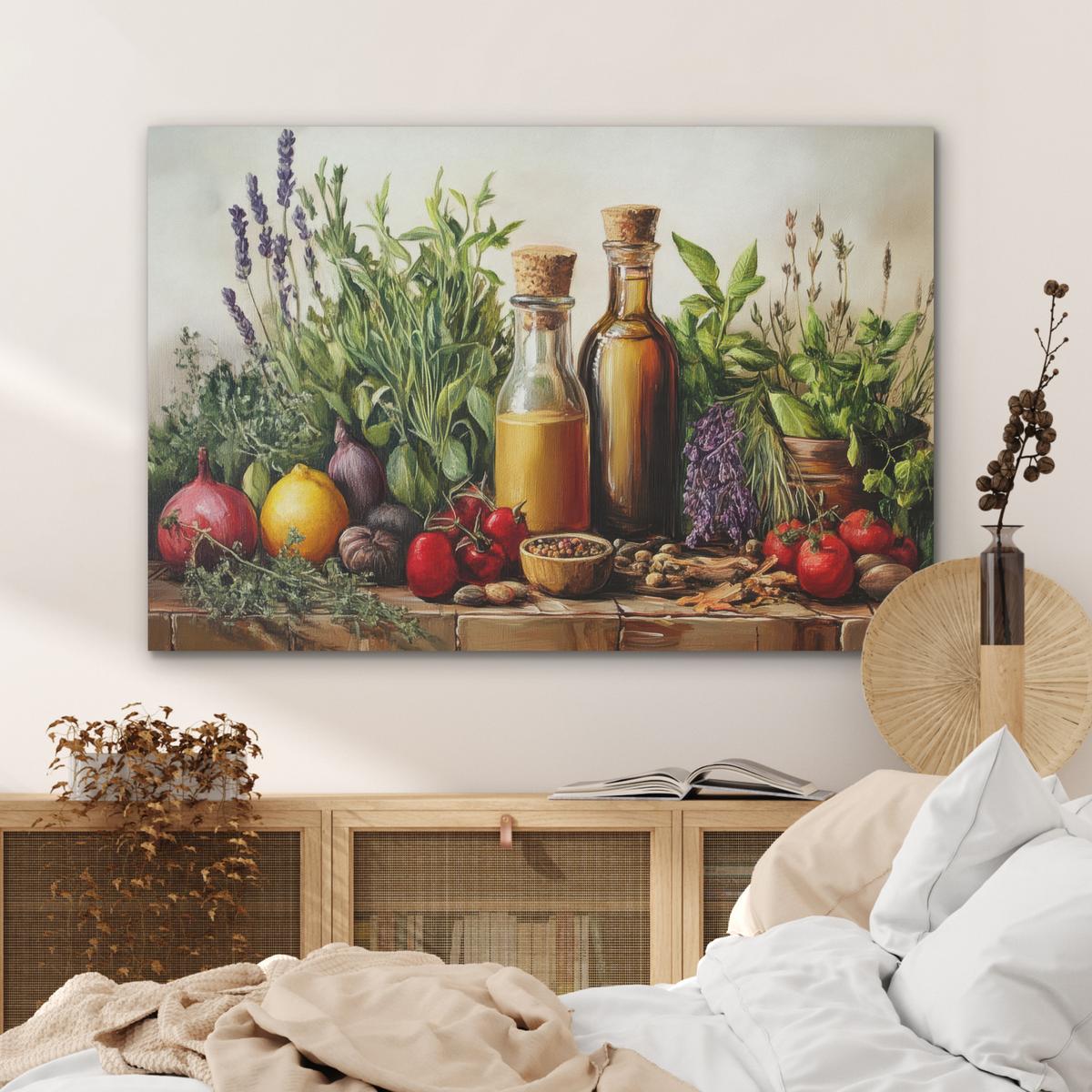 AKUSTIKBILD Stilleben - Kräuter - Gewürze - Früchte - Farbenfroh Wandbild Wohnzimmer 100x70 cm - Grün, Kunststoff (100/70/0.9cm) - MuchoWow