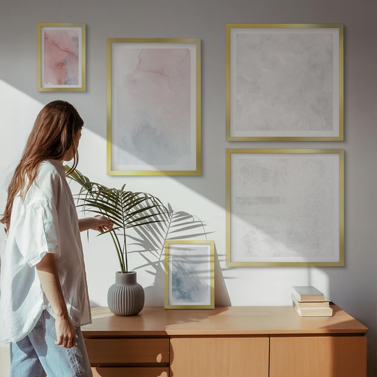 BILDER SET 5er Set - 50x50 cm & 20x30 cm & 40x60 cm Goldrahmen - Pastellfarbene Aquarelltexturen - Goldfarben, Kunststoff (40/60cm) - TULUP