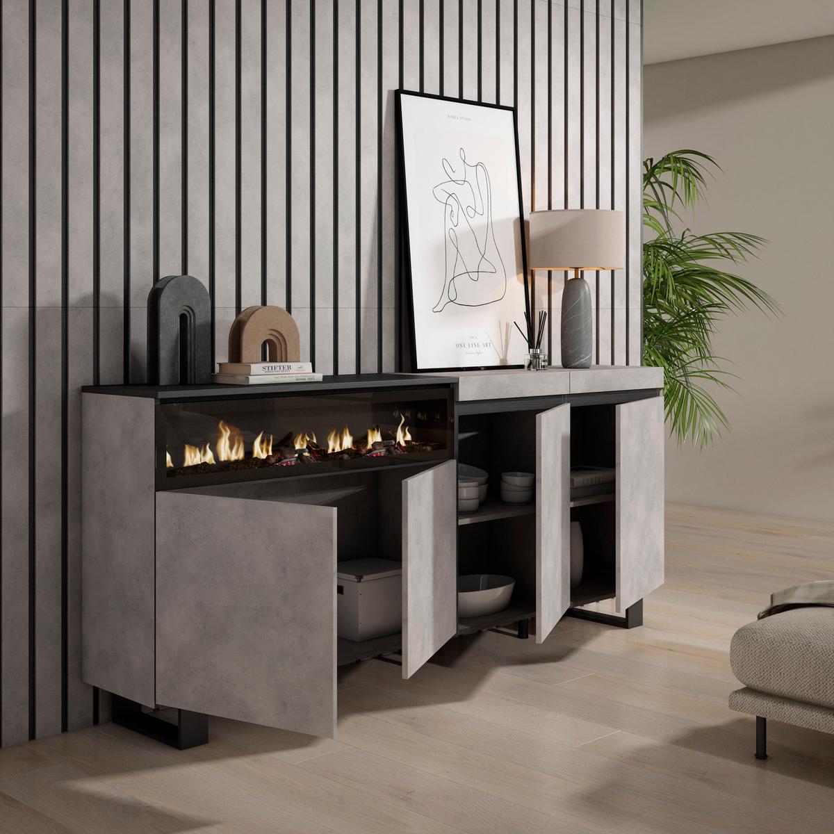 SIDEBOARD Elektrokamin, zementgrau, 200/35/87cm - Grau, Holzwerkstoff (200/87/35cm) - Skraut Home