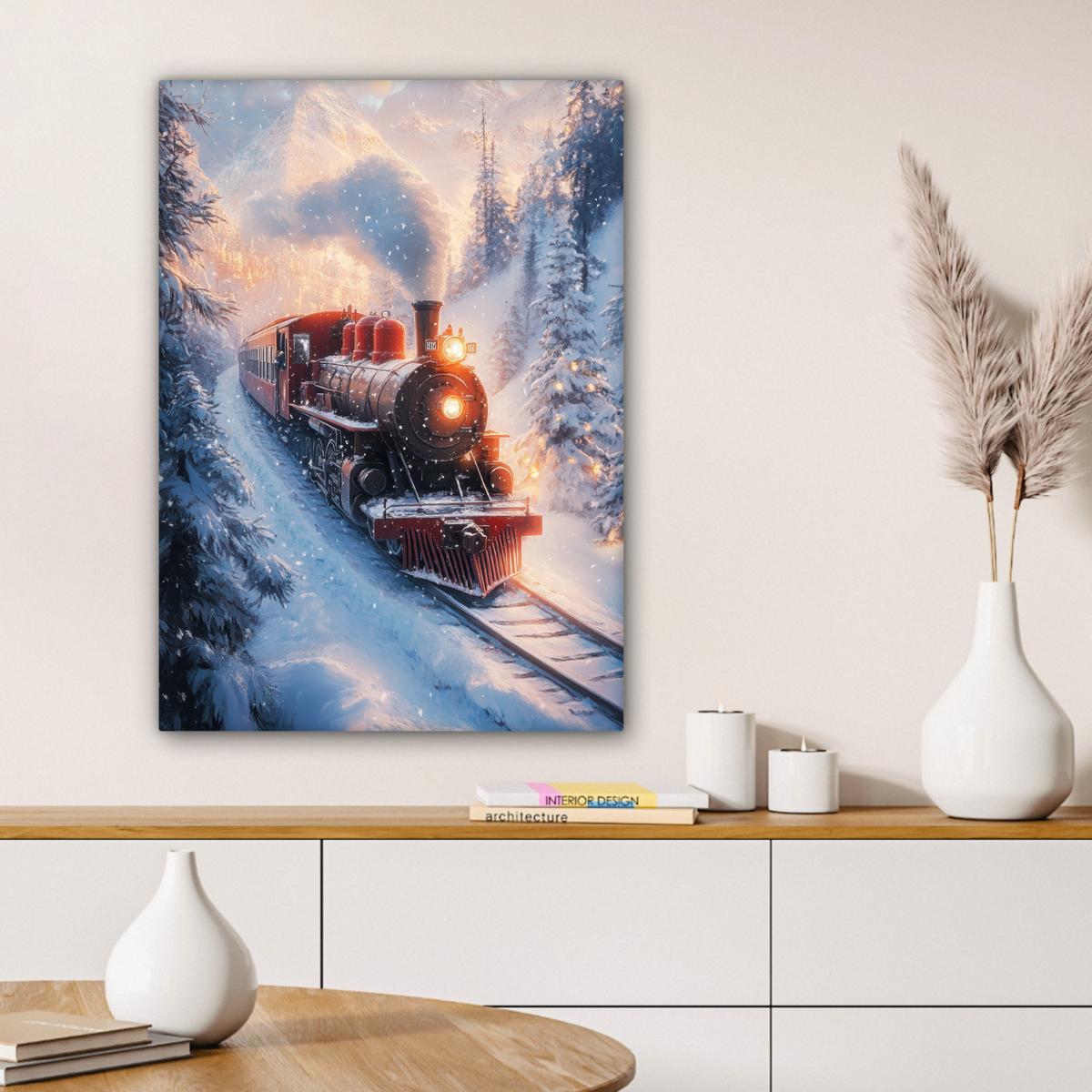 LEINWANDBILD Weihnachtszug - Schnee - Winter - Weihnachten Wandbild Wohnzimmer 60x80 cm - Dunkelrot, Textil (60/80cm) - MuchoWow