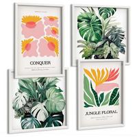 BILDER SET 4er Set - 50x50 cm & 40x60 cm Weißer Rahmen - Blumen und Blätter – moderne Poster - Weiß, Kunststoff (50/50cm) - TULUP