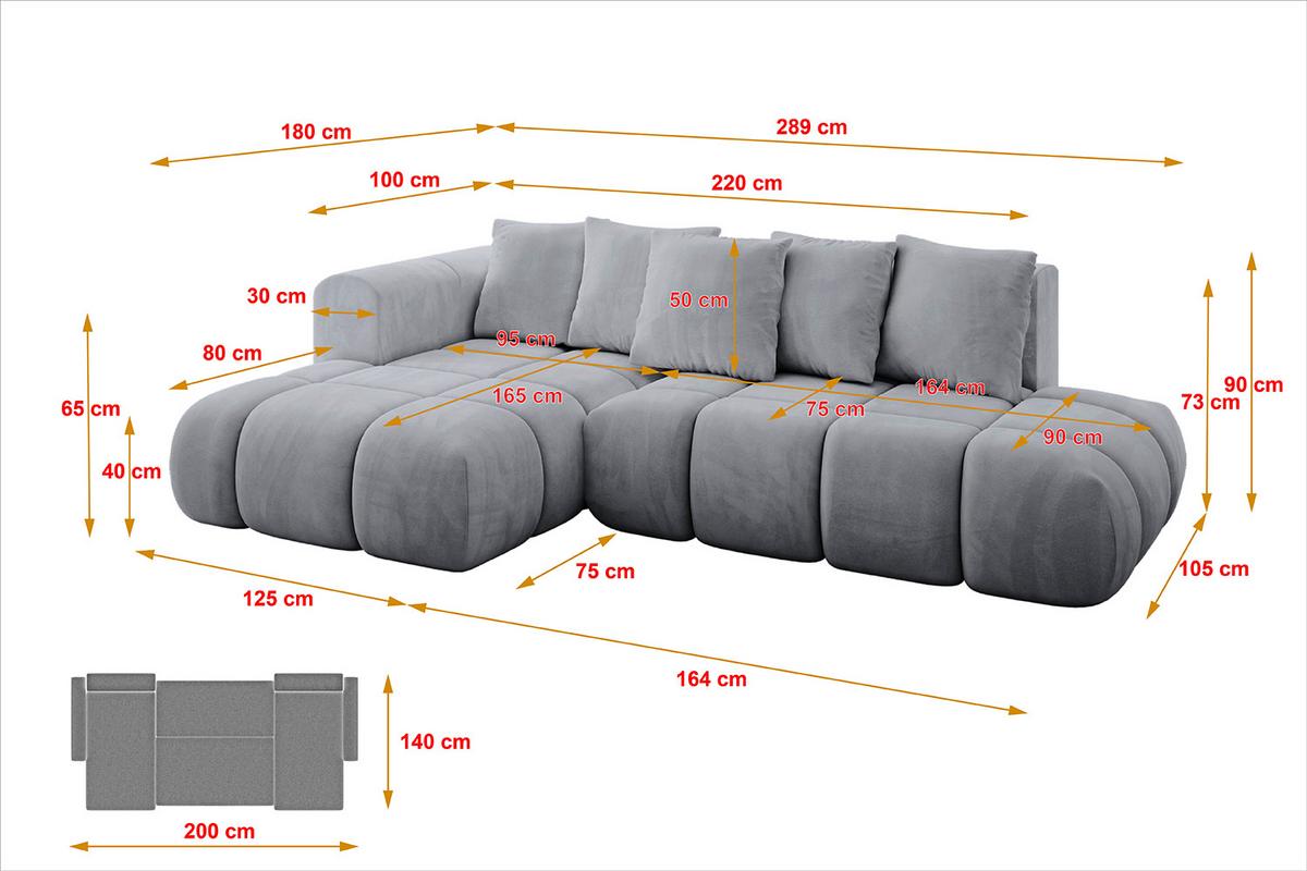 ECKSOFA Ottomane Links CLOUD-L-v1 280x185x90 Hellgrau Velours - Hellgrau, Holzwerkstoff/Kunststoff (180/289cm) - ALTDECOR
