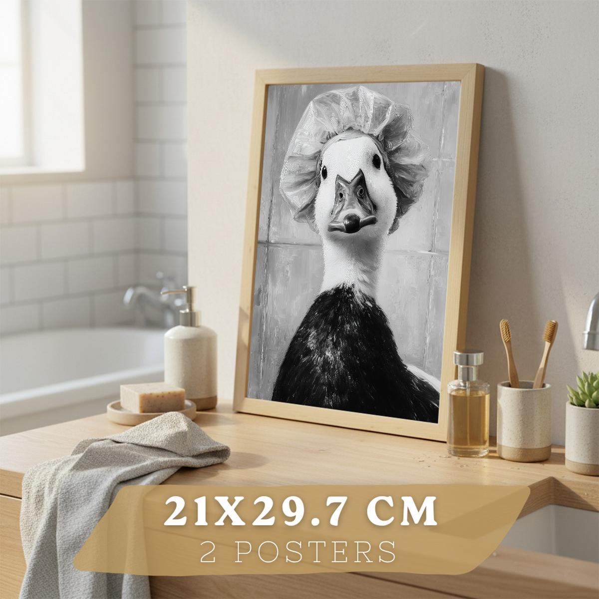 POSTER 2er-Set lustige Tiermotive in Schwarz-Weiß fürs Badezimmer, witzige für Toilette, Bad, minimalistischer Stil Leichter Holzrahmen A4 - Beige, Papier (29.7/21/3cm) - Nacnic