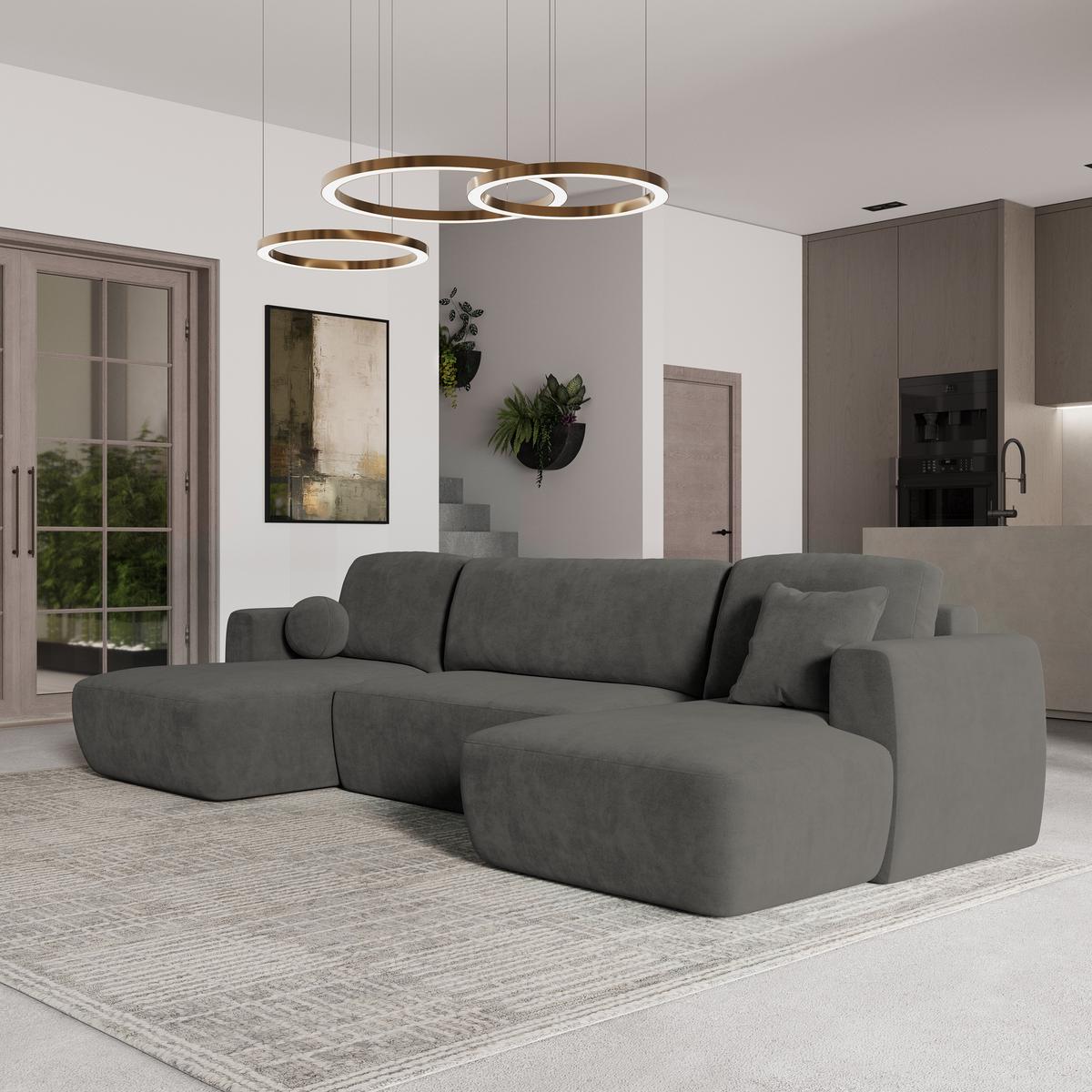WOHNLANDSCHAFT SENTUM K Grau Plüsch-Stoff mit Schlaffunktion - Schwarz/Grau, Holz/Kunststoff (330/90/148cm) - MASSENO