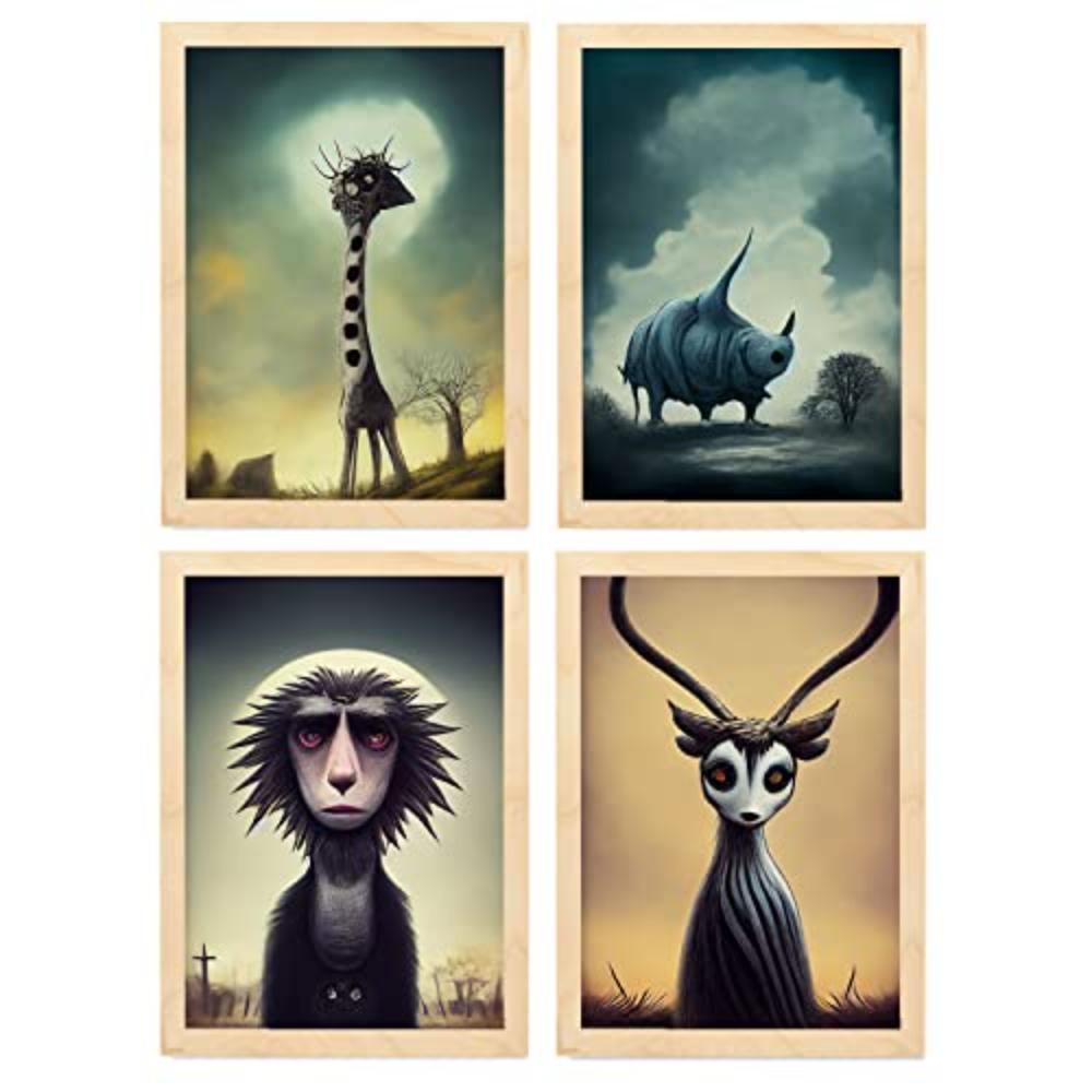 POSTER Set mit 4 Savanne Tier im T Burton Goth Stil A3 Rahmen aus hellem Holz - Beige, Papier (29.7/3cm) - Nacnic