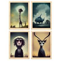 POSTER Set mit 4 Savanne Tier im T Burton Goth Stil A3 Rahmen aus hellem Holz - Beige, Papier (29.7/3cm) - Nacnic