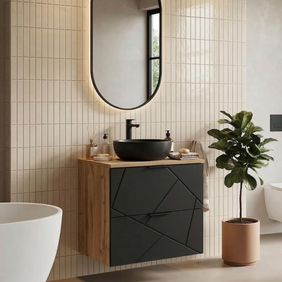 WASCHBECKENUNTERSCHRANK Manello 2 Schubladen Eiche mit Matt Schwarz - 60 x 46 x 58 cm - Eichefarben/Schwarz, Holz (60/58/46cm) - Badplaats
