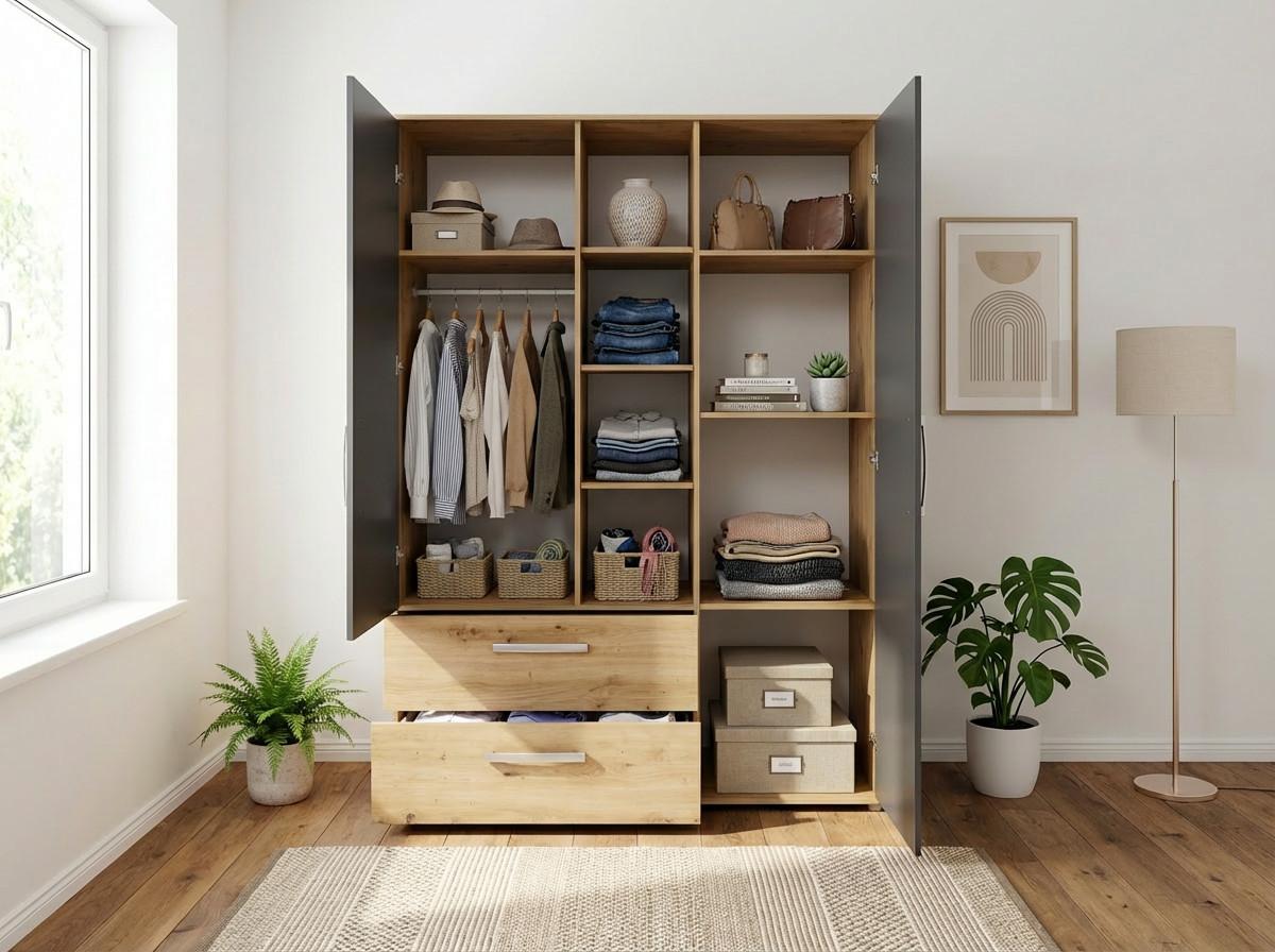 KLEIDERSCHRANK Alessio 2-türig | 2 Schubladen, 10 Fächer & Kleiderstange | Made in Germany | Anthrazit / Artisan Oak - Anthrazit/Silberfarben, Holzwerkstoff/Kunststoff (130/188/51cm) - arthur berndt