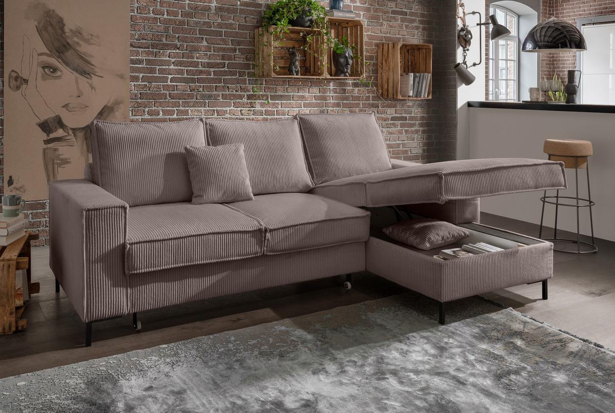 ECKSOFA mit Schlaffunktion, Bettkasten, Wellenunterfederung, Récamiere rechts B240/T150/H92 cm, Liegefl. 125x198 cm, Cord Braun Taupe / 17222 - Schwarz/Braun, Textil/Metall (240/150cm) - luma-home