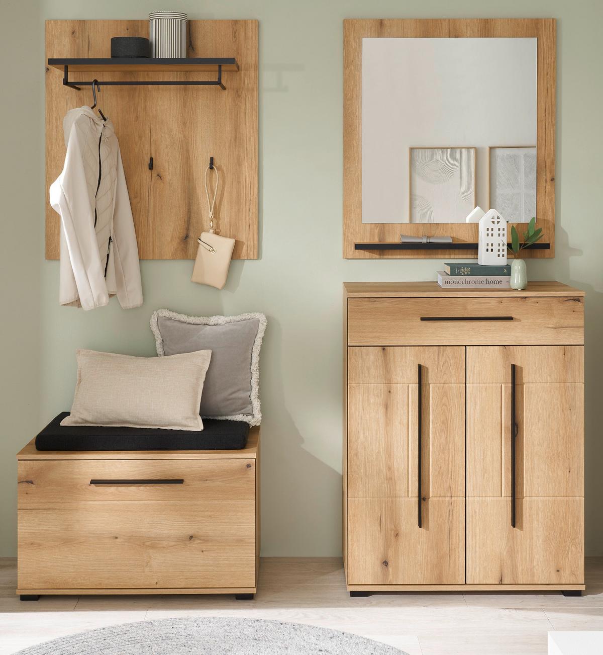 GARDEROBEN-SET Evoke Eiche 5-teilig 170 cm, Flurgarderobe mit Soft-Close - Dunkelgrau/Eichefarben, Glas/Holzwerkstoff (170/200/40cm) - Furn.Design