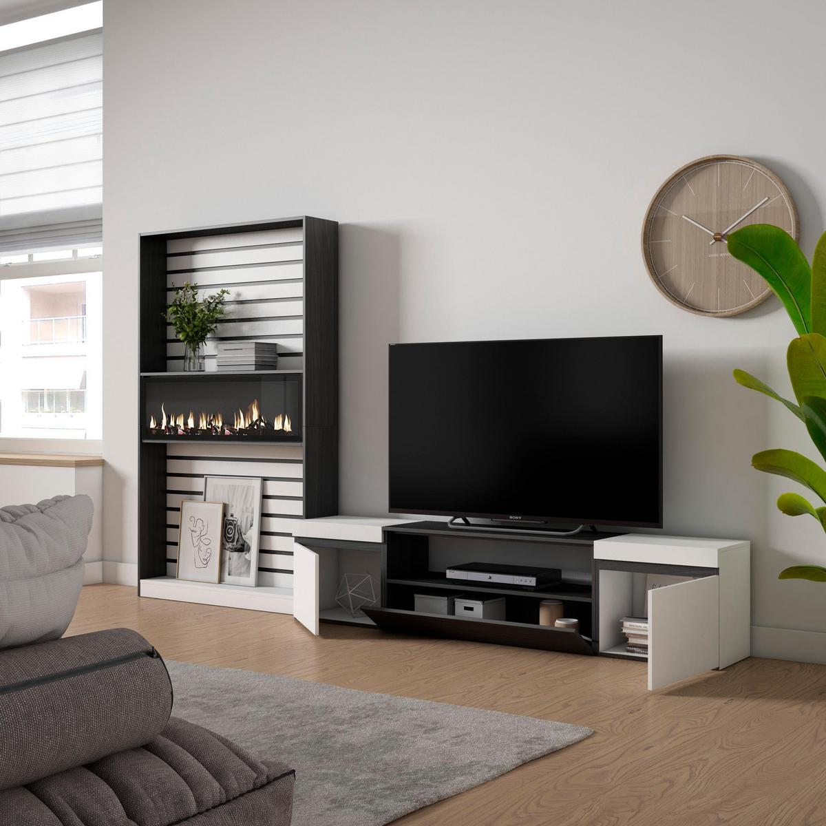 WOHNWAND Wohnzimmer, weiß und schwarz, Elektrokamin,, 310/35/186cm - Schwarz/Weiß, Holzwerkstoff (310/186/35cm) - Skraut Home