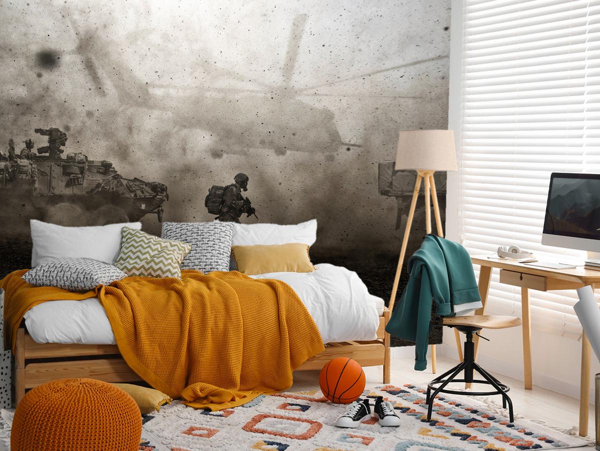 FOTOTAPETE für Jugendzimmer Wüste Militär Hubschrauber Panzer 150x105 - Beige/Schwarz, Papier (150/105cm) - Muralo