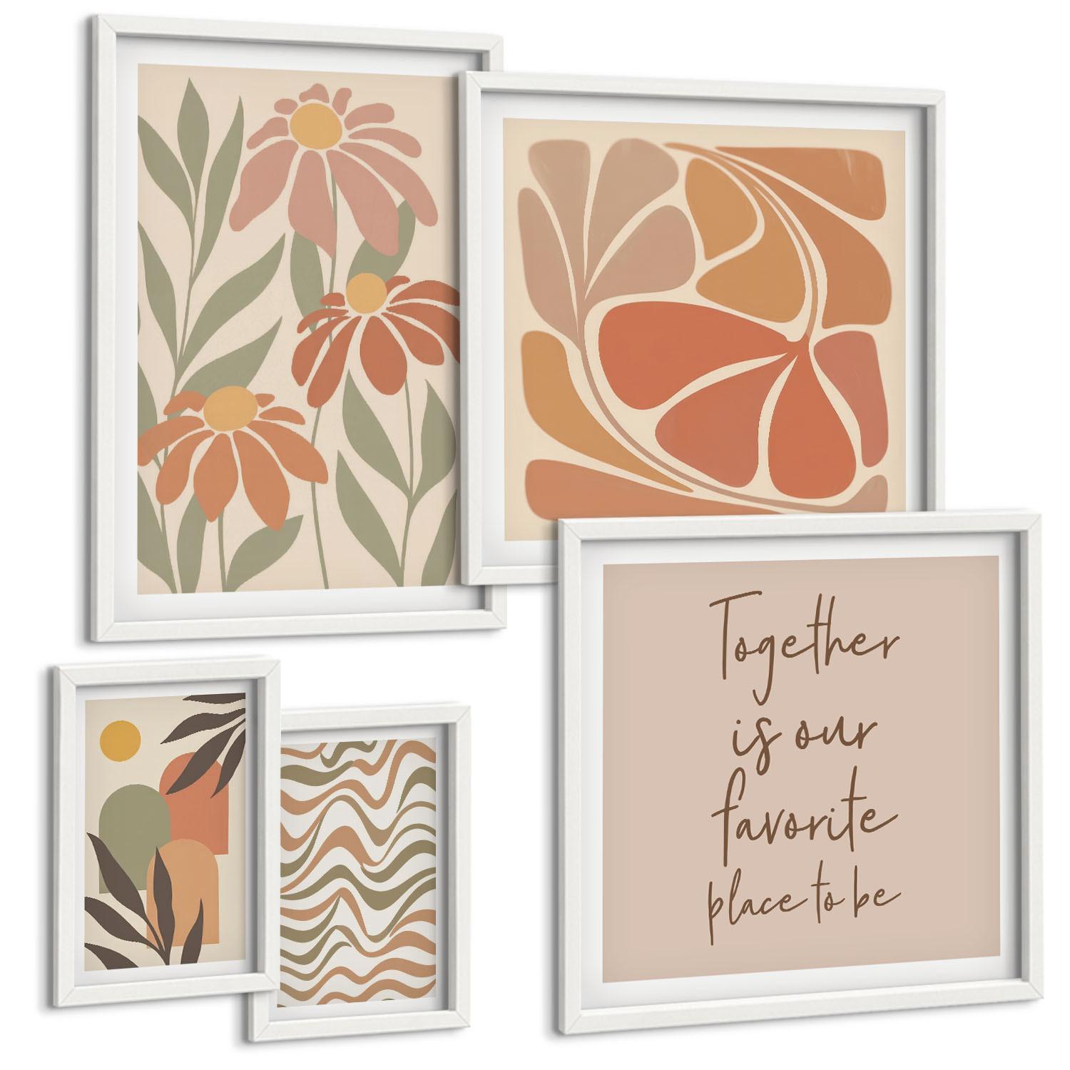 BILDER SET 5er Set - 50x50 cm & 20x30 cm & 40x60 cm Weißer Rahmen - Abstrakte Pastellblumen - Weiß, Kunststoff (40/60cm) - TULUP