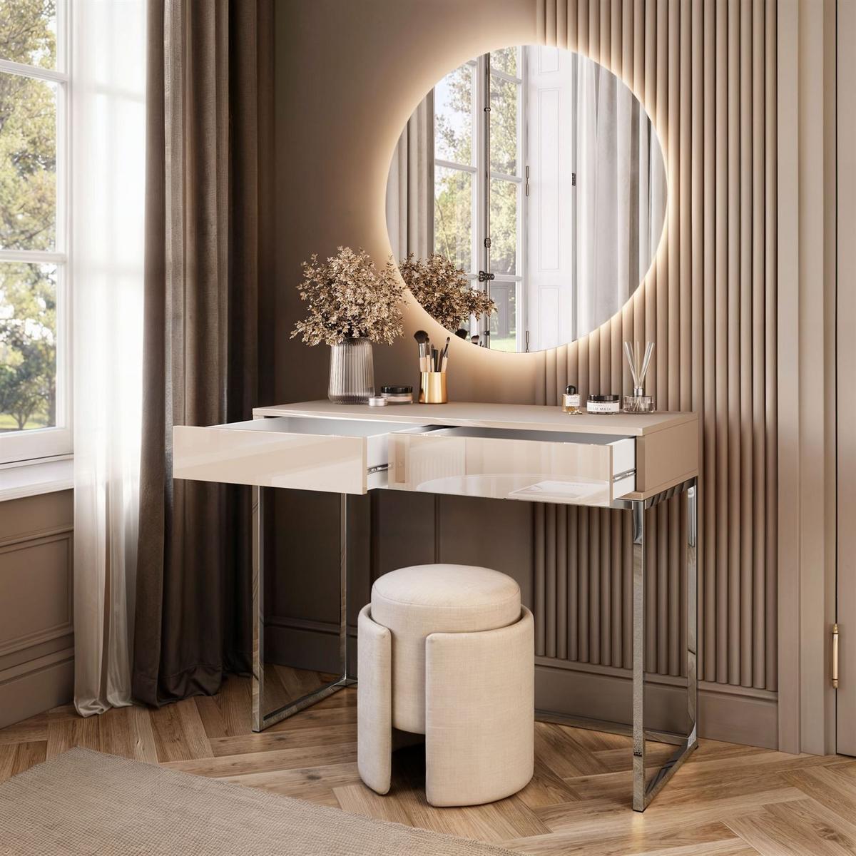 SCHMINKTISCH Blanco Glamour auf verchromtem Gestell mit LED-Spiegel PUSH OPEN - Kaschmir/Goldfarben, Holzwerkstoff (100/81/42cm) - Lookway