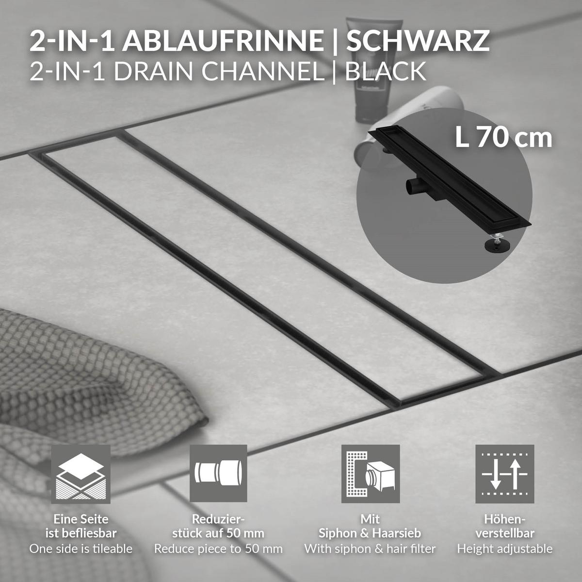 DUSCHRINNE 70cm - Schwarz, Metall (13.9/7.8/74cm) - LuxeBath