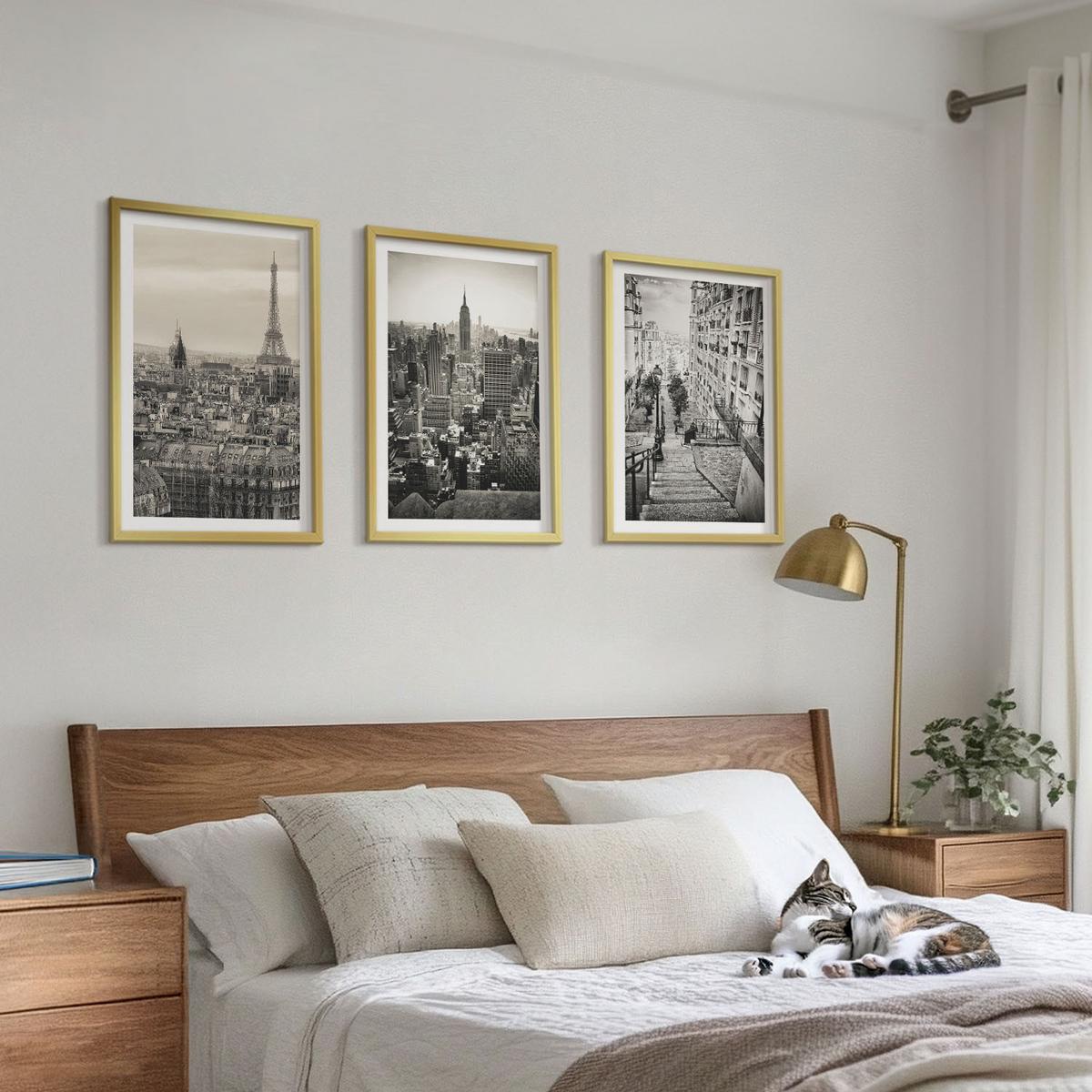 BILDER SET 3er Set - 40x60 cm Goldrahmen - Aussicht Paris New York Treppen - Goldfarben, Kunststoff (40/60cm) - TULUP