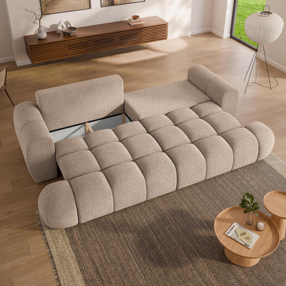BETTSOFA DAFNE Beige Bucle-Stoff mit Schlaffunktion - Beige, Textil (300/88/113cm) - MASSENO