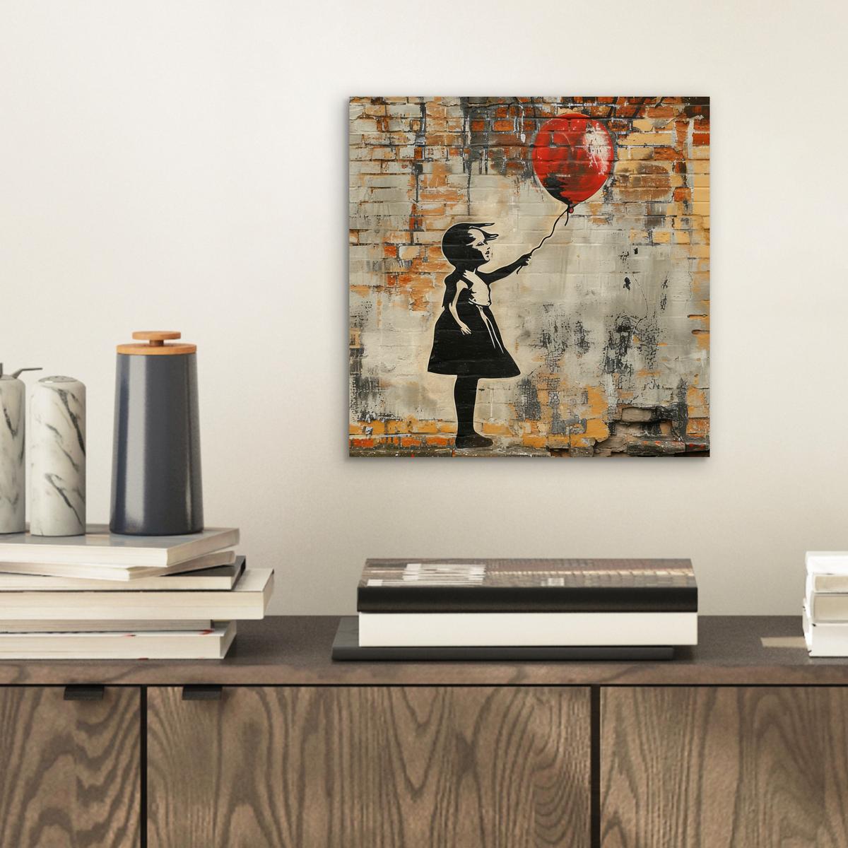 METALLBILD Graffiti - Banksy - Mädchen - Straßenkunst 20x20 cm - Sandfarben, Metall (20/20cm) - MuchoWow