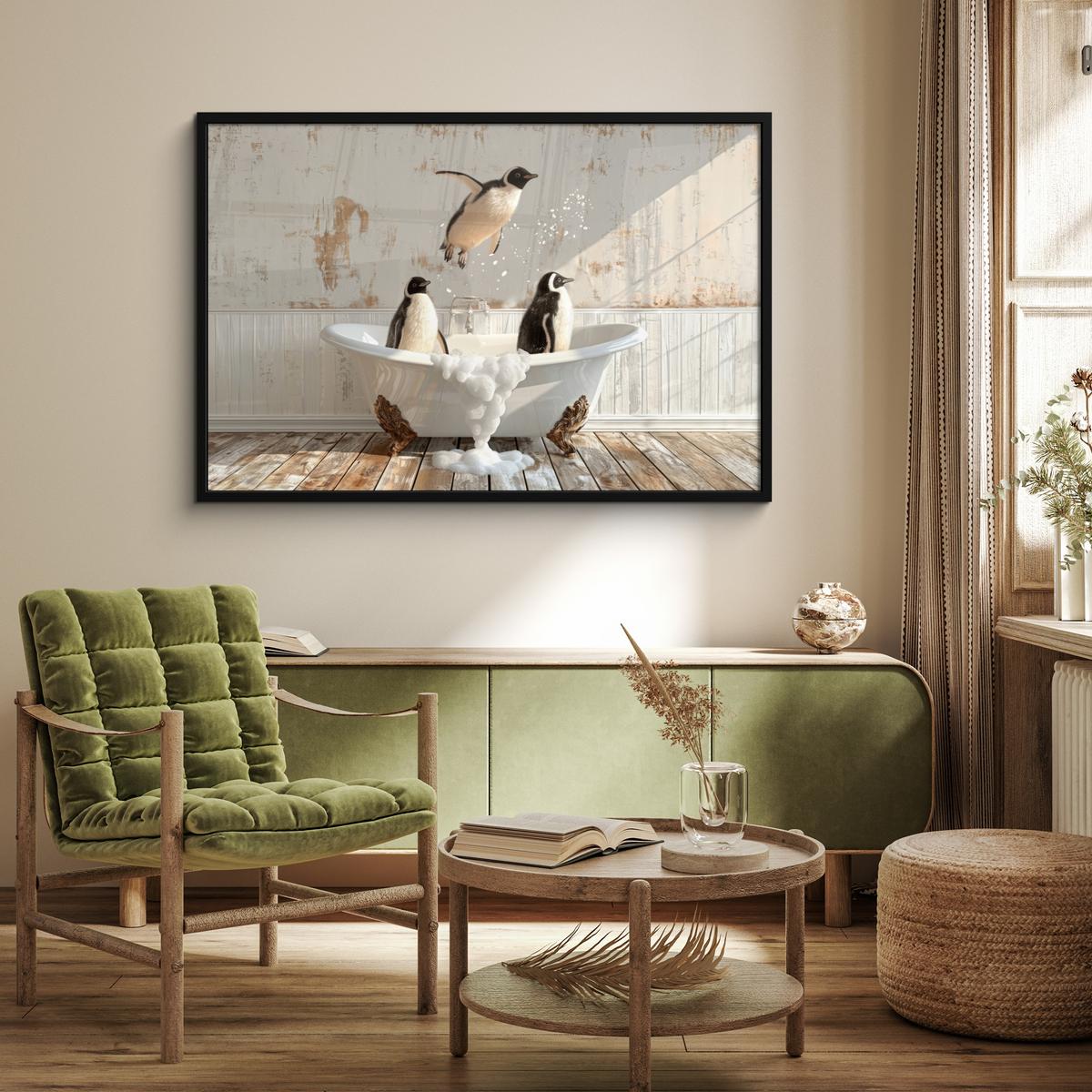 POSTER MIT RAHMENGERAHMTES BILD Vintage - Pinguin - Badewanne - Schaumstoff 120x80 cm - Schwarz, Papier (120/80cm) - MuchoWow