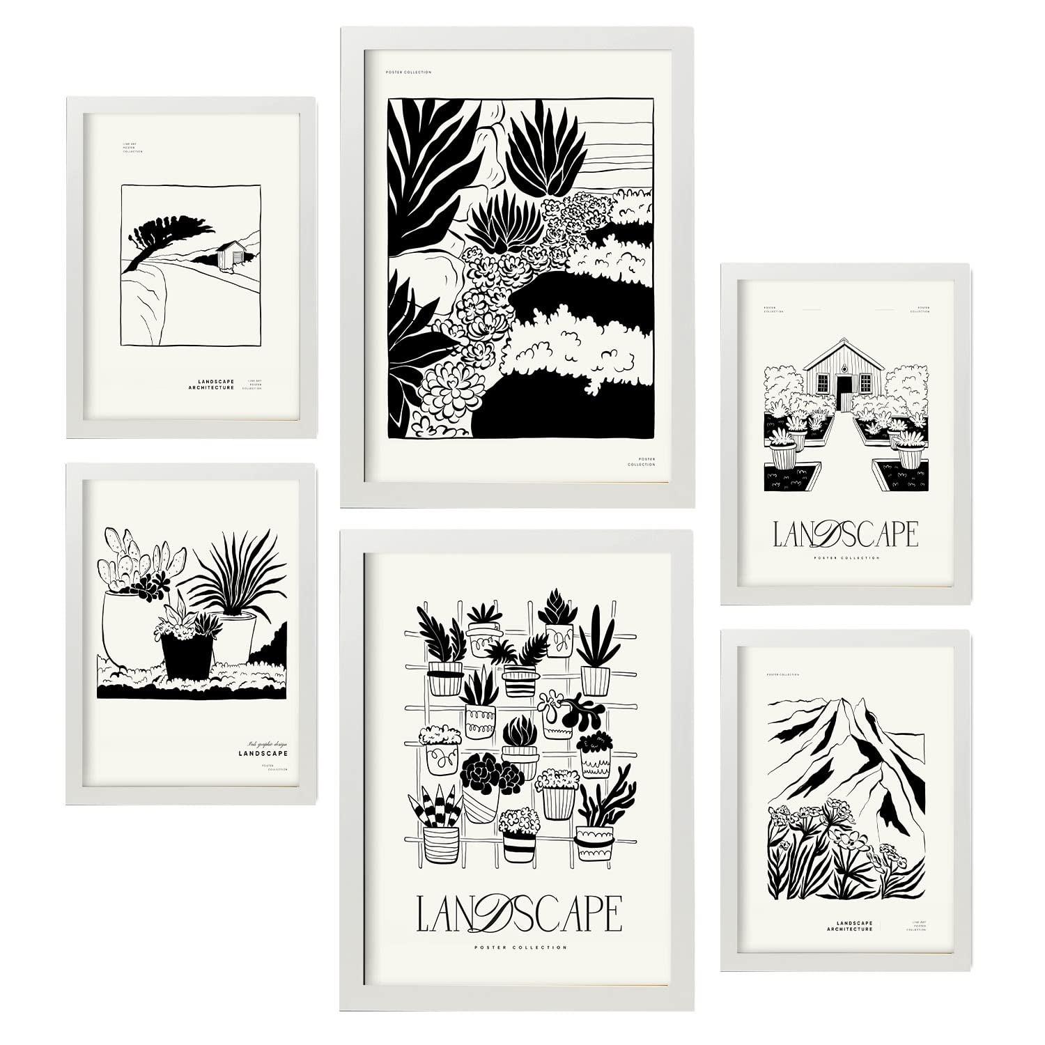 POSTER Set Mit 6 In Schwarzer Tinte Saftiger Garten Künstlerische Und Abstrakte Drucke Für Innenarchitektur A3 & A4 Weißer Rahmen - Weiß, Papier (29/3cm) - Nacnic