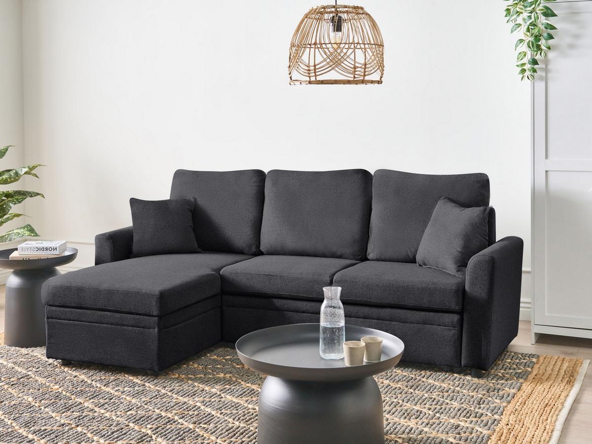 ECKSCHLAFSOFA 3-Sitzer Kunstleinen Schwarz rechtsseitig Nassjo - Schwarz, Textil (210/131cm) - Beliani
