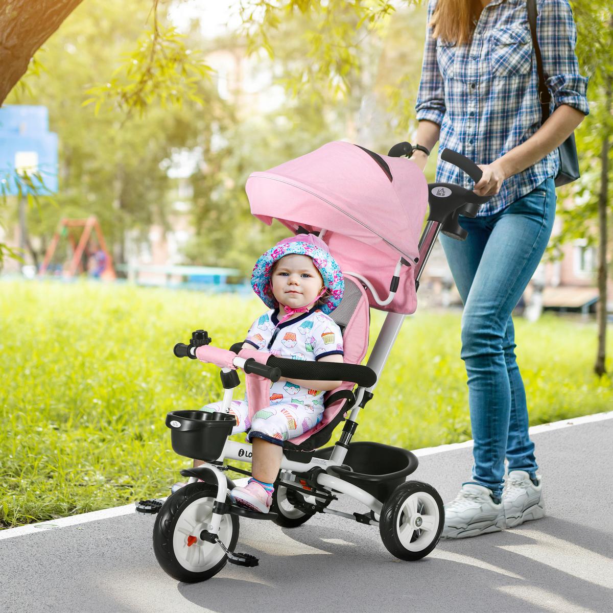 6 in 1 Dreirad mit Schubstange, Kinderdreirad mit Sicherheitsgurt, Sonnendach - Rosa, Metall (112/50/104cm) - HOMCOM