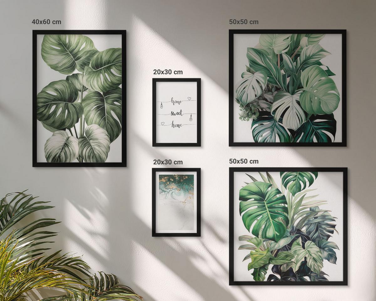 BILDER SET 5er Set - 50x50 cm & 20x30 cm & 40x60 cm Schwarzer Rahmen - Aquarell-Monstera-Blätter - Schwarz, Kunststoff (40/60cm) - TULUP