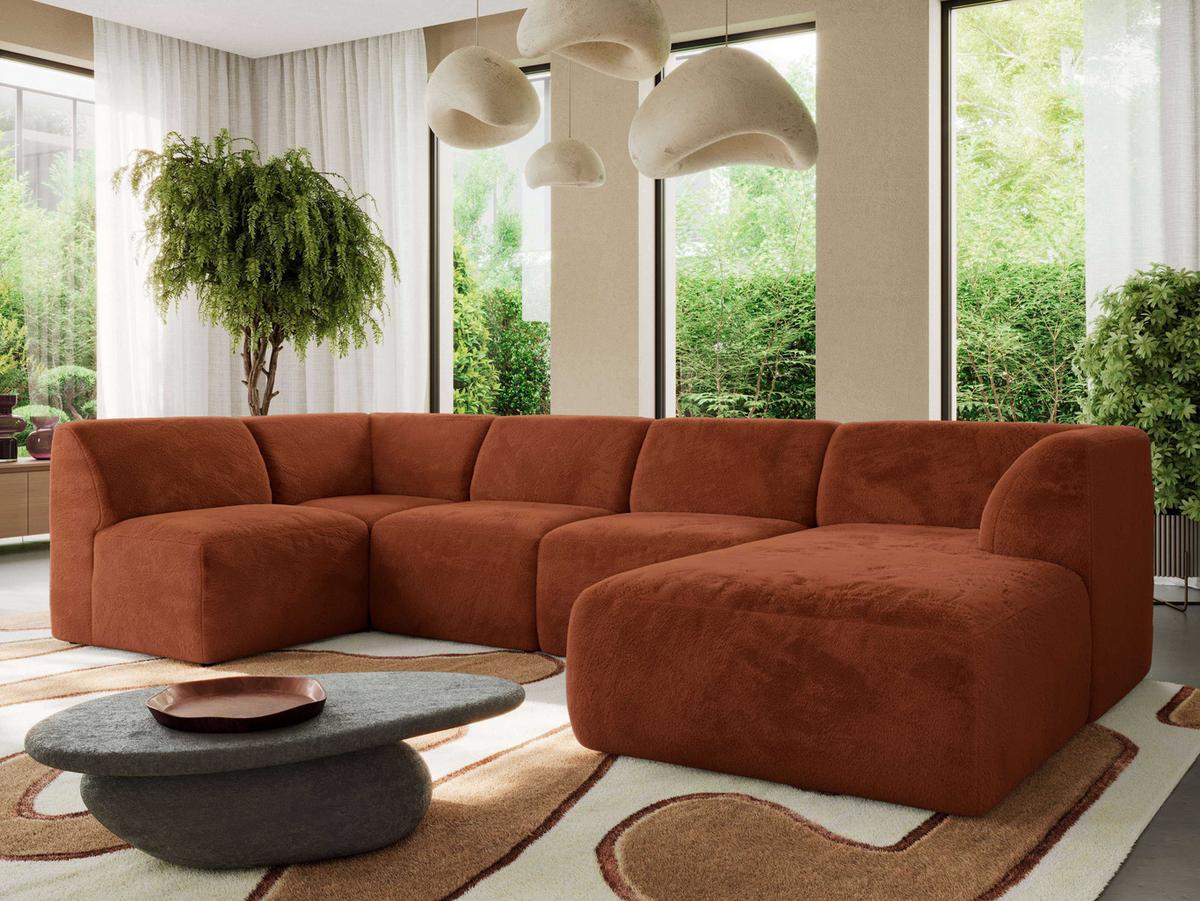 WOHNLANDSCHAFT MODARO U 5M - Orange Plüsch - Rechts - Schwarz/Orange, Textil (345/78/180cm) - MKS