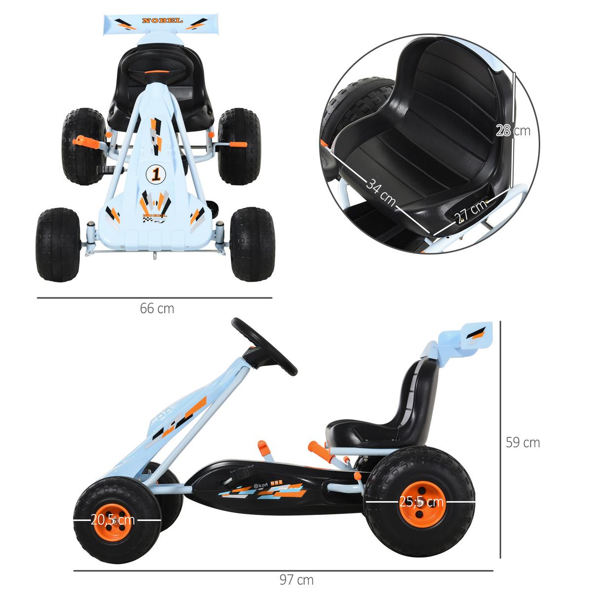 GO Kart Mit Pedal Kinderfahrzeug Tretauto mit Pedal ab 3 Jahre Stahl Hellblau - Hellblau, Metall (97/66/59cm) - HOMCOM