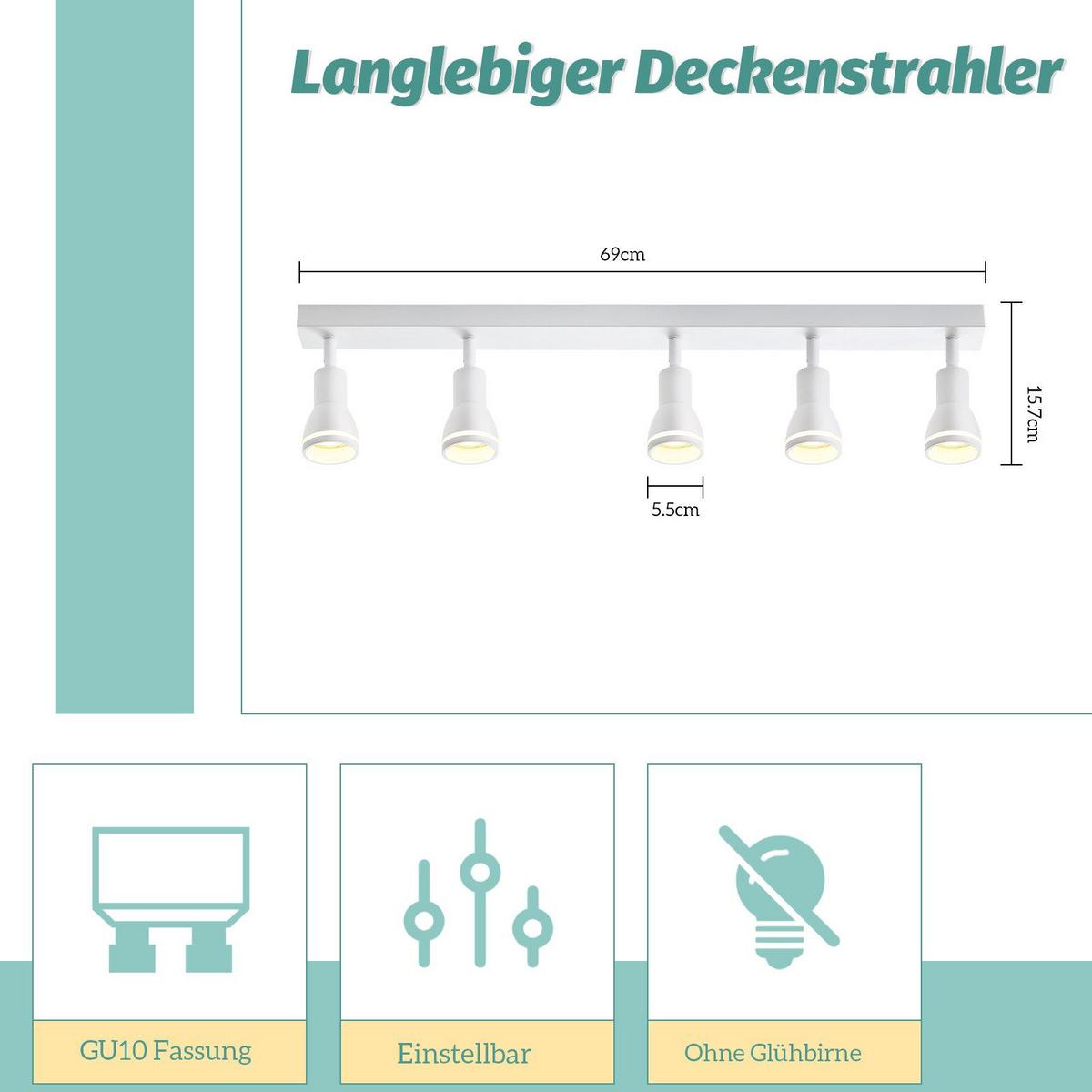 DECKENSTRAHLER Kreuznach 5-flammig 69/5/15.7 cm - Weiß, Metall (69/5/15.7cm) - Nettlife