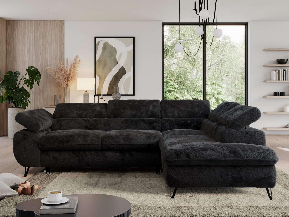 ECKSOFA PEDRO L Schwarz Plüsch - Rechts Seite - Schwarz, Textil/Metall (273/208cm) - MKS