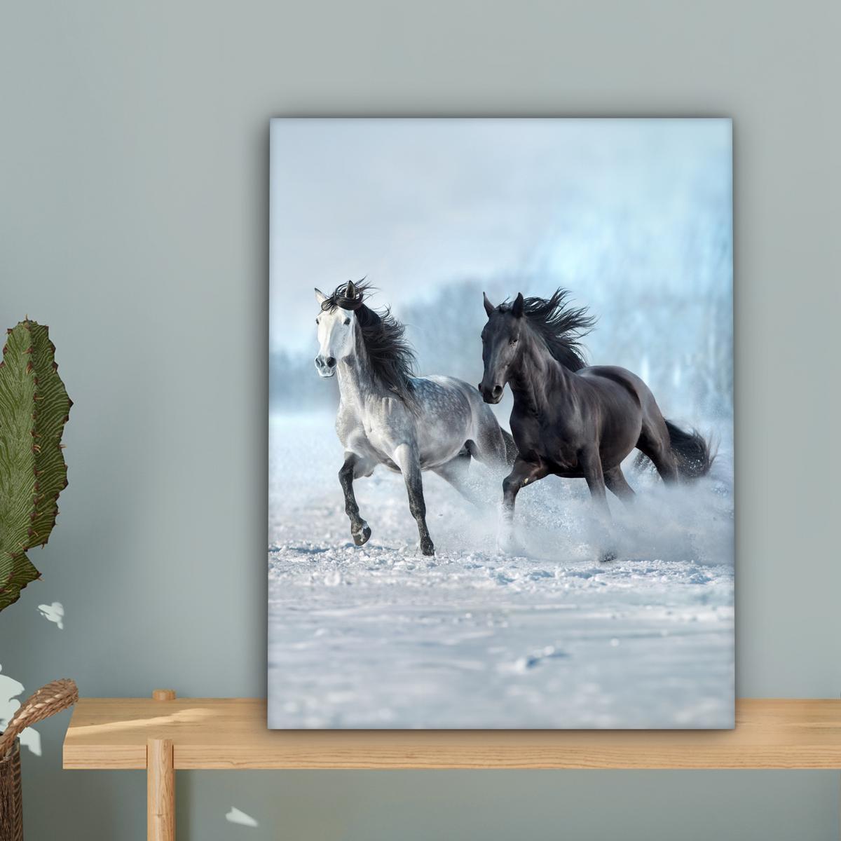 LEINWANDBILD Pferde - Winter - Tiere - Natur - Schnee Room Decor 30x40 cm - Anthrazit, Textil (30/40cm) - MuchoWow