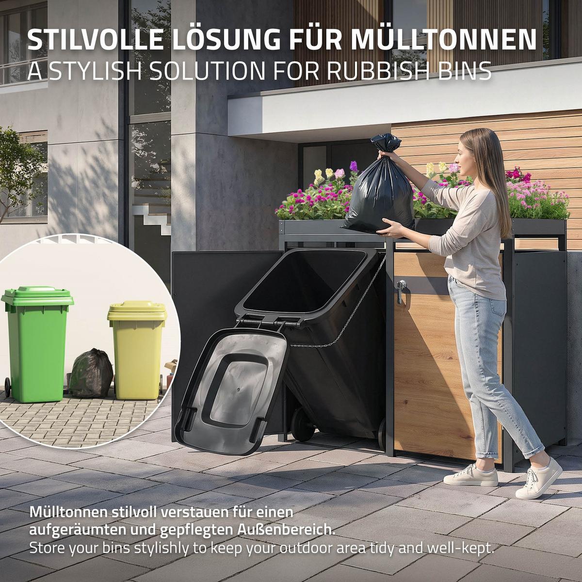 MÜLLTONNENBOX 4er mit Pflanzdach Anthrazit-Holzoptik - Braun, Metall (264/124/80cm) - ML-DESIGN