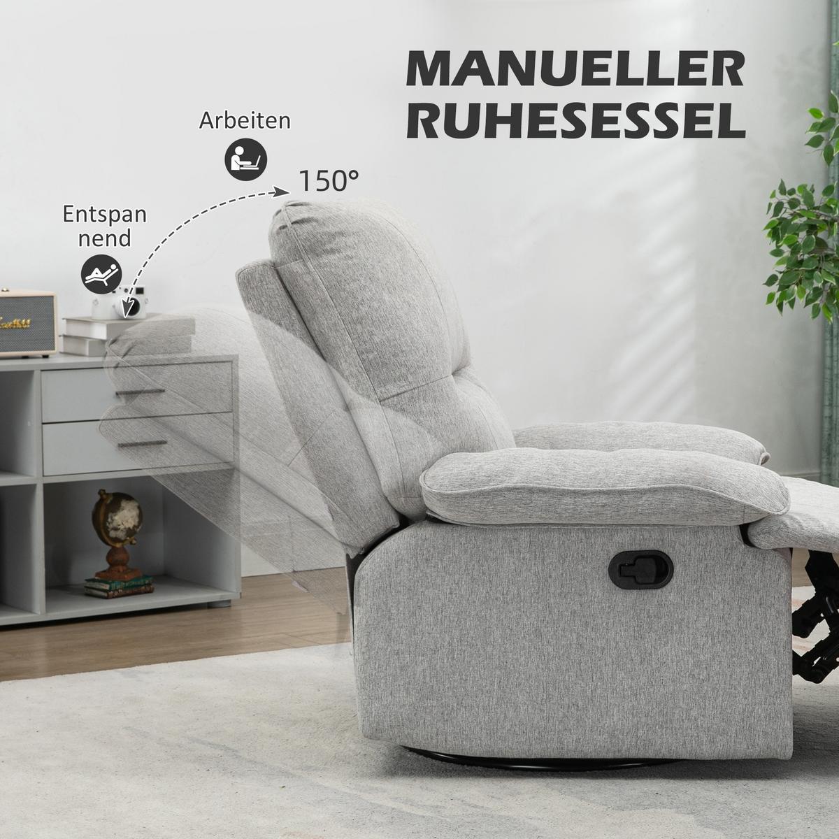 RELAXSESSEL Fernsehsessel mit Liegefunktion, Leinenoptik, bis 160 kg, Hellgrau - Hellgrau, Textil (98/101/89cm) - HOMCOM