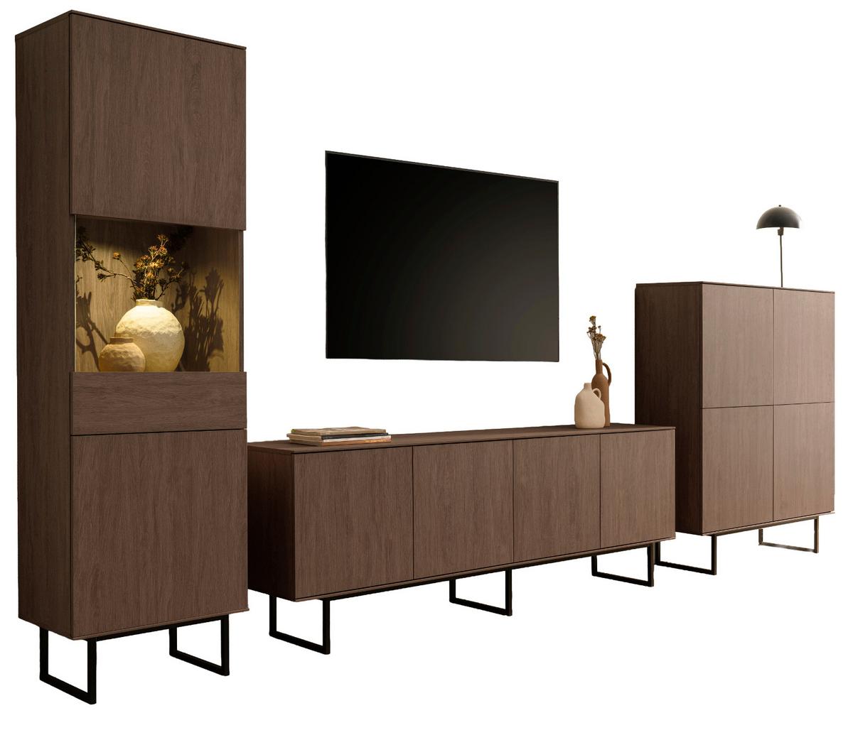 WOHNWAND in Nussbaum 3-teilig 400 cm, Wohnkombination mit Push-to-Open - Nussbaumfarben/Schwarz, Glas/Holzwerkstoff (400/200/40cm) - Furn.Design