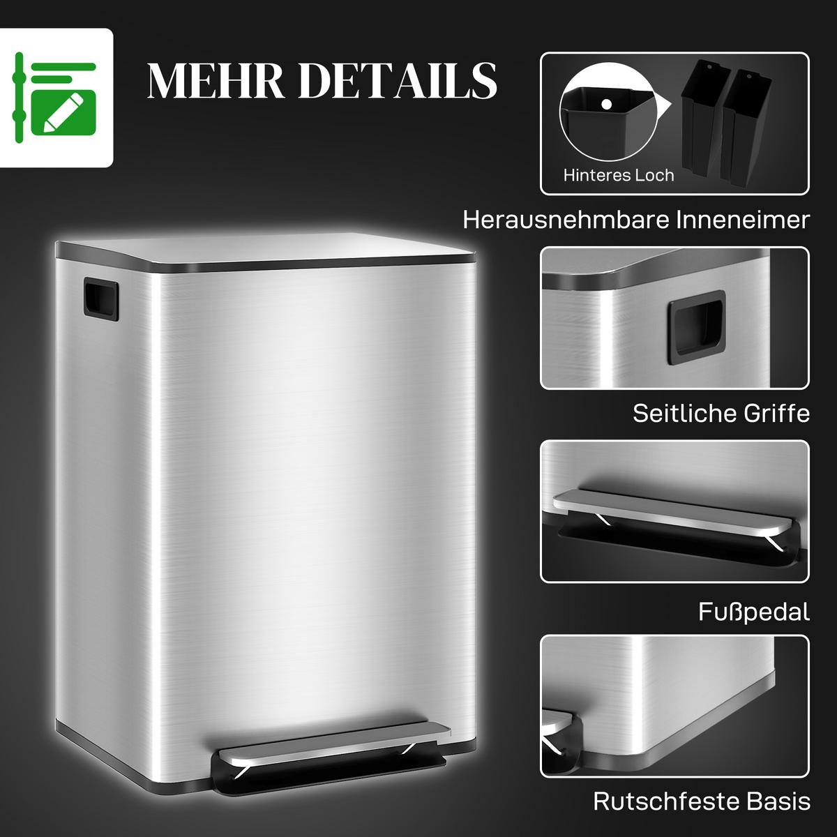 MÜLLEIMER Edelstahl Kunststoff Silber - Silberfarben, Metall (37.5/66.8/47.7cm) - HOMCOM