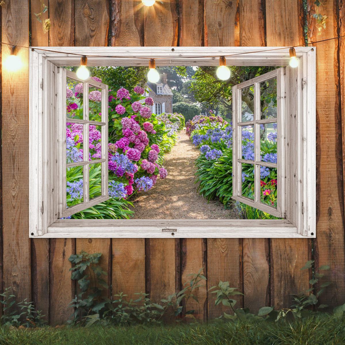 GARTENPOSTER Hortensie - Durchsichtig - Blumen - Sommer - Lila - Weg Poster für draußen 180x120 cm - Grün, Kunststoff (180/120/0.2cm) - OnlyWow