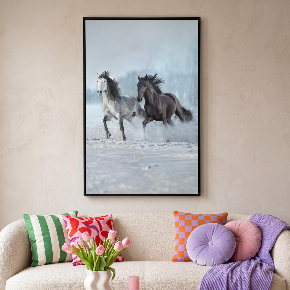 LEINWAND Bilder mit Rahmen - Pferde - Winter - Tiere - Natur - Schnee - 80x120 - Anthrazit, Textil (80/120cm) - MuchoWow
