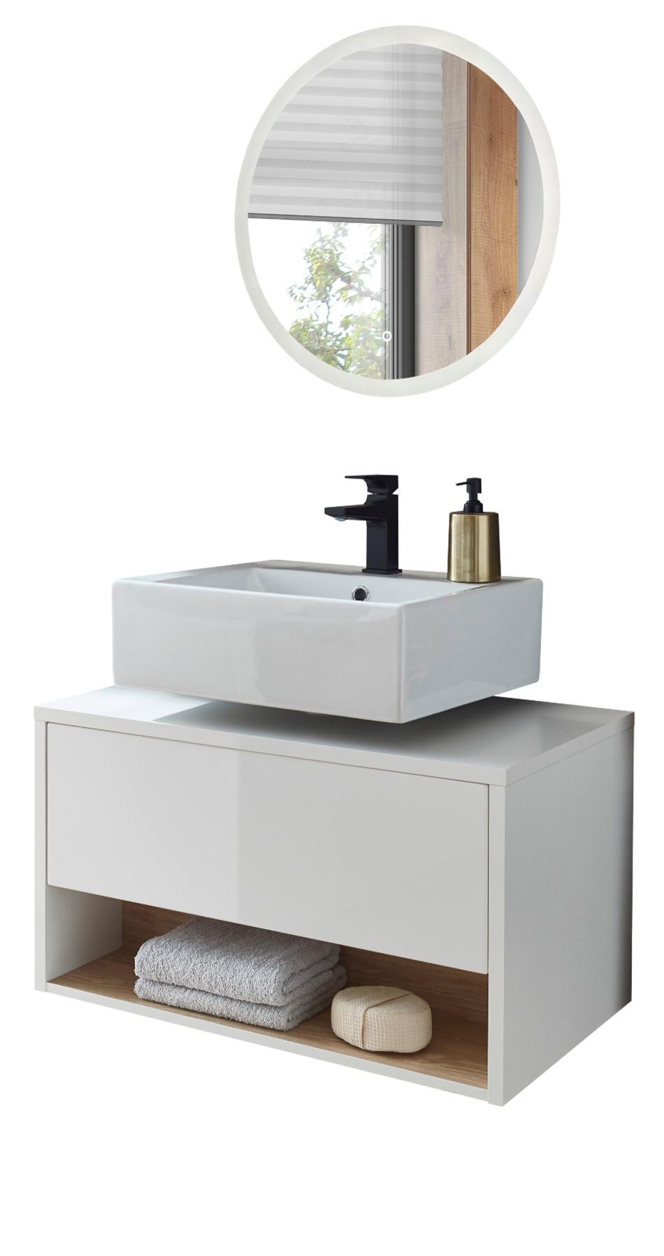 BADMÖBEL-SET 2-teilig weiß Hochglanz, Eiche, Set mit LED Beleuchtung 80 cm - Weiß Hochglanz/Eichefarben, Glas/Holzwerkstoff (80/190/46cm) - Furn.Design
