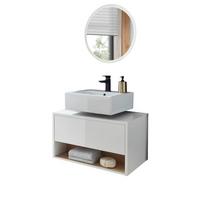 BADMÖBEL-SET 2-teilig weiß Hochglanz, Eiche, Set mit LED Beleuchtung 80 cm - Weiß Hochglanz/Eichefarben, Glas/Holzwerkstoff (80/190/46cm) - Furn.Design