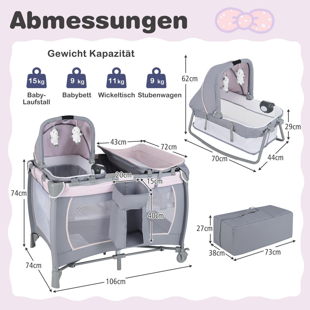 BABYBETT mit Matratze rosa - Pink, Textil - COSTWAY