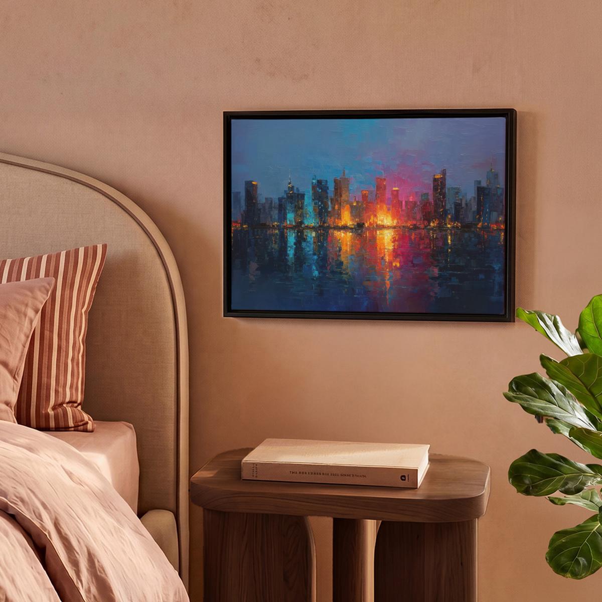 LEINWAND Bilder mit Rahmen - Skyline - Pinselstriche - Dunkelblau - Leuchtend - 40x30 - Blau, Textil (40/30cm) - MuchoWow