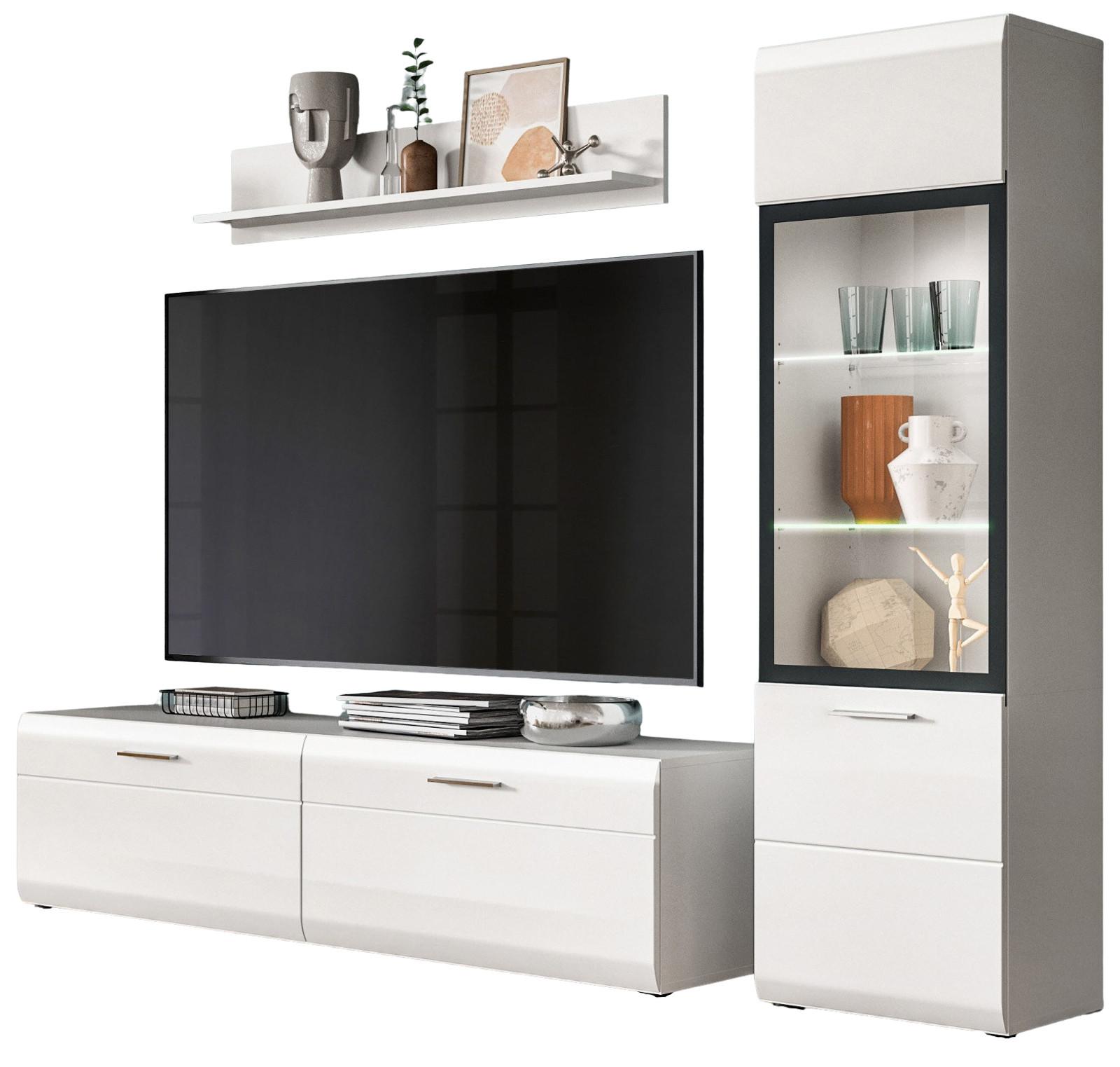 WOHNWAND weiß Hochglanz 3-teilig 220 cm, Schrankwand mit viel Stauraum - Weiß Hochglanz/Silberfarben, Glas/Holzwerkstoff (220/160/41cm) - Inn.Furn
