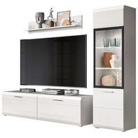 WOHNWAND weiß Hochglanz 3-teilig 220 cm, Schrankwand mit viel Stauraum - Weiß Hochglanz/Silberfarben, Glas/Holzwerkstoff (220/160/41cm) - Inn.Furn