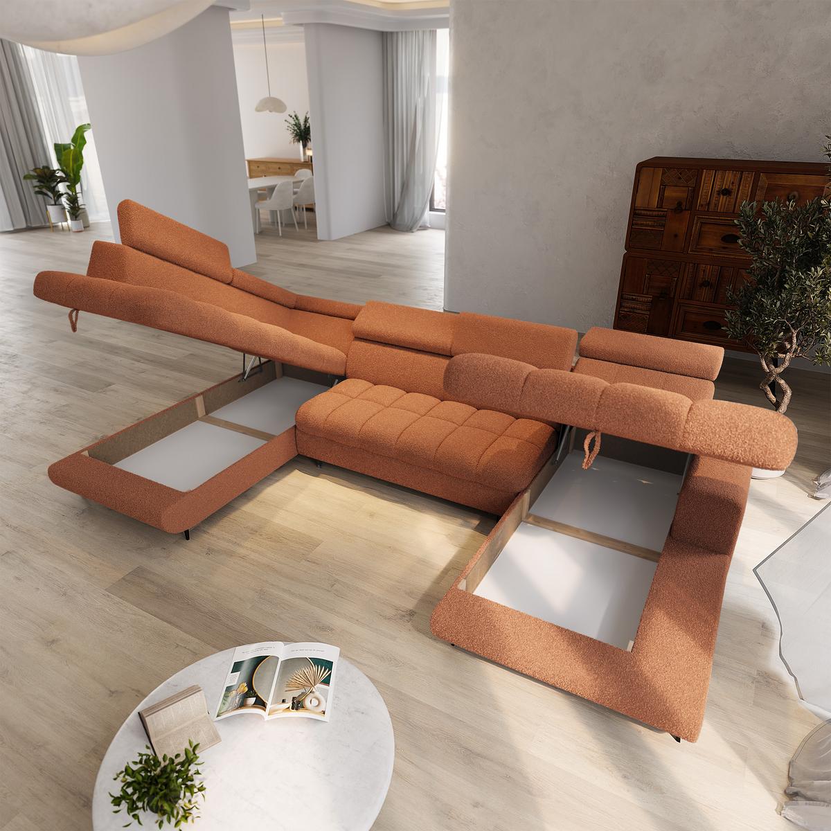 WOHNLANDSCHAFT CORENO Orange Boucle-Stoff mit Schlaffunktion - Terracotta, Holz (345/88/190cm) - MASSENO