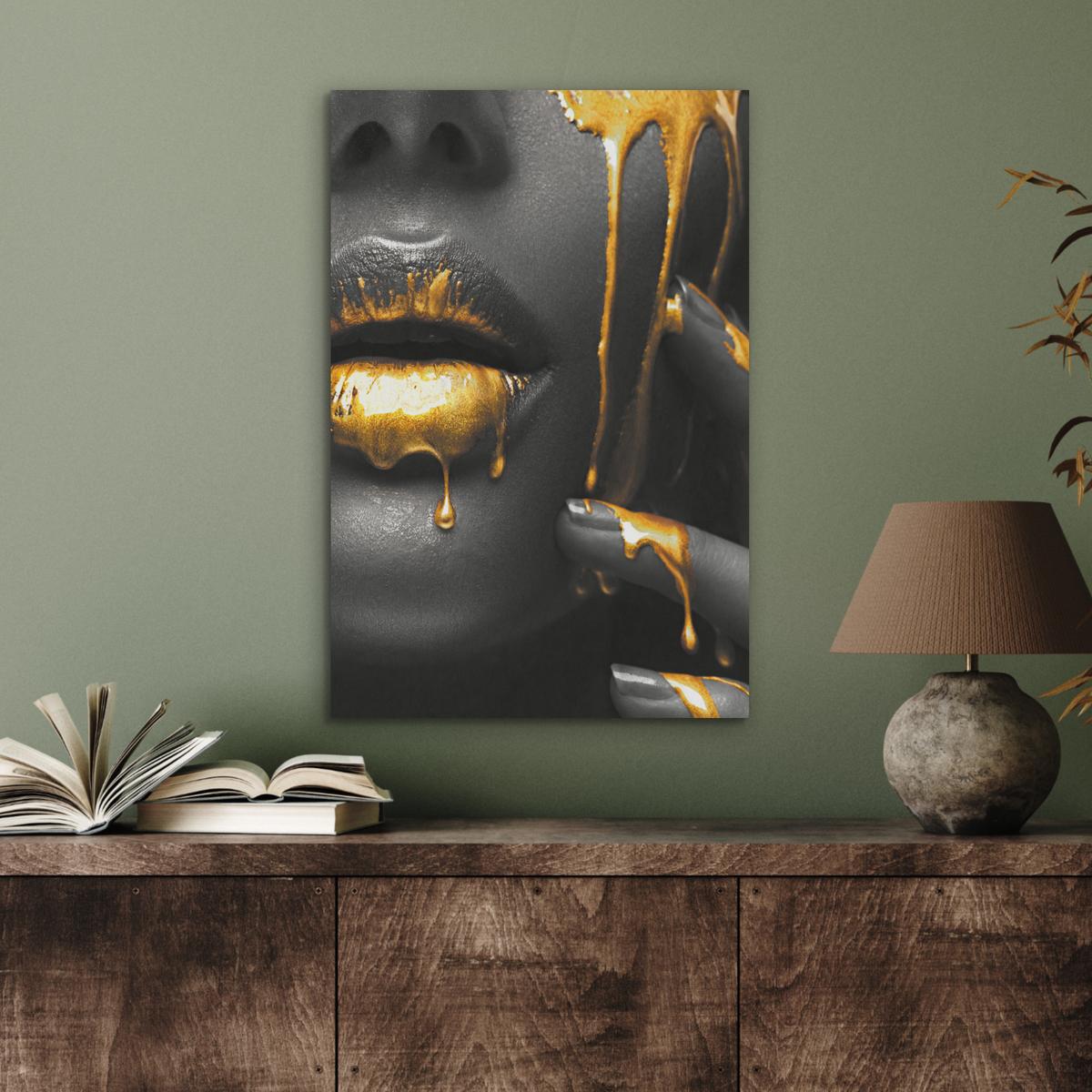 AKUSTIKBILD Frau - Schwarz - Gold - Gesicht - Lippen Kunstdruck Schlafzimmer 50x70 cm - Goldfarben, Kunststoff (50/70/0.9cm) - MuchoWow
